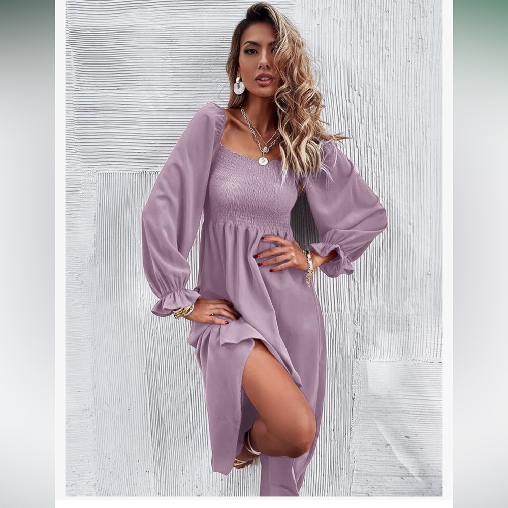 Boho Square Neck Long Sleeve A line Dress